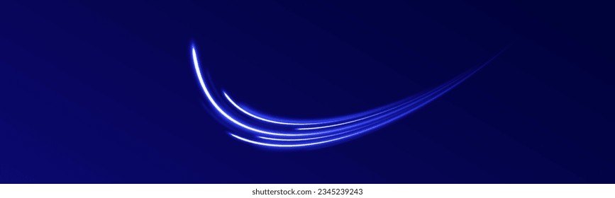 Blue light vector effect, curve shape neon speed motion. Magic bright shine glow of energy lines, shiny swirl power waves flow. Electric trail glowing in dark background. Abstract blue light twist. 