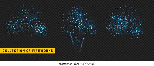 Blue Light Vector Effect. Set festive fireworks isolated on transparent background.