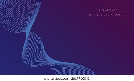 Blue light wave abstract template. Dark night background with bright neon lines. Banner blank with copy space, vector graphics
