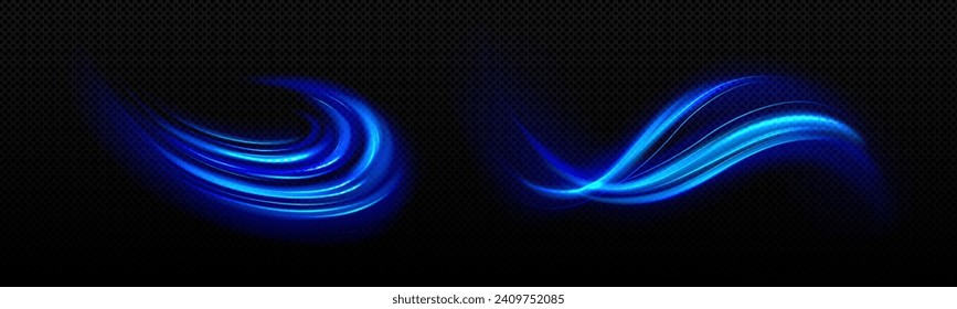 Blue light waved neon elements with swoosh effect. Realistic vector illustration set of magic glowing swirl lines. Flare circular and vortex spin. Abstract 3d luminous and shine twirl trail.