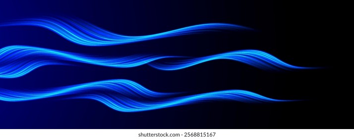 Blue light waves showing air flow. Dynamic motion curves on a dark background. Modern vector design.