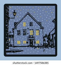 A blue, light blue, yellow and black image of an old city in the winter evening for a set of square greeting or invitation cards