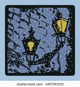 A blue, light blue, yellow and black image of an old wall with a burning lantern that casts a beautiful shadow in the winter evening for a set of square or invitation cards