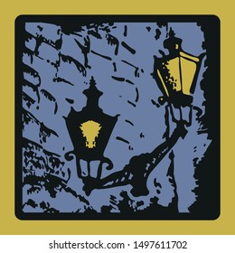 A blue, light blue, yellow and black image of an old wall with a burning lantern that casts a beautiful shadow in the evening for a set of square greeting or invitation cards