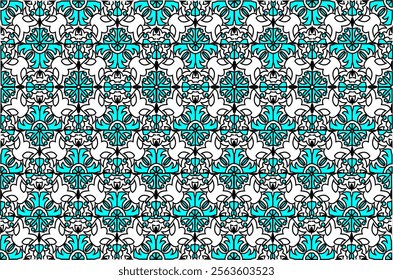 Blue light-and-white seamless pattern with a vintage-style symmetrical design, featuring decorative elements such as intricate floral and geometric ornaments. Perfect for backdrops and wallpapers.