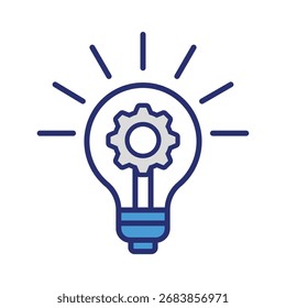 Lâmpada azul com uma engrenagem cinza dentro dela. Conceito inovador de uma lâmpada azul com uma engrenagem cinza dentro perfeito para projetos temáticos de tecnologia, engenharia e criatividade.