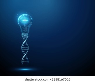 Bombilla azul que crece a partir de la hélice 3d de la molécula de ADN. Producto modificado genéticamente. Edición genética, concepto de ingeniería de biotecnología genética. Bajo estilo de poli. Estructura de trama abstracta. Vector.