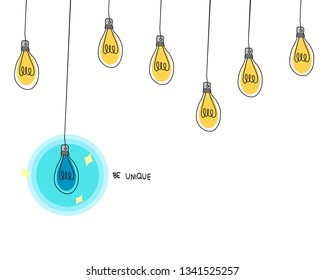 Blue Lightbulb hanging different from other cartoon doodle vector illustration with copy space background