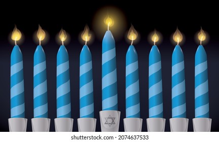 Blue lighted candles decorated with stripes over candelabra decorated with David' Star for Hanukkah, over dark background.