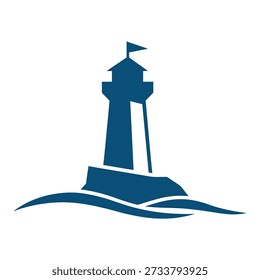 Blue lighthouse icon on a rock with waves beacon ocean