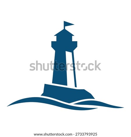 Blue lighthouse icon on a rock with waves beacon ocean