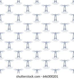 Blue Lighthouse on White Background, Seamless Maritime Travel Pattern, Line Style Design, Vector Illustration