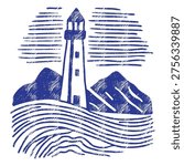 Blue lighthouse and rocky mountains: vector linocut landscape with ocean waves. Indigo nautical illustration with crosshatching texture, maritime beacon and nordic sea scene isolated on white
