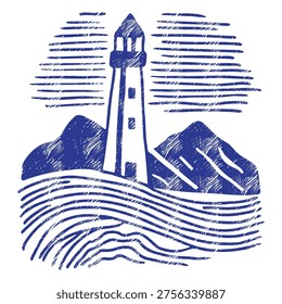 Blue lighthouse and rocky mountains: vector linocut landscape with ocean waves. Indigo nautical illustration with crosshatching texture, maritime beacon and nordic sea scene isolated on white