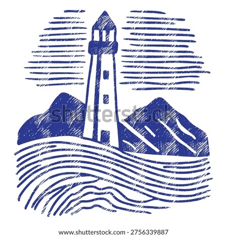 Blue lighthouse and rocky mountains: vector linocut landscape with ocean waves. Indigo nautical illustration with crosshatching texture, maritime beacon and nordic sea scene isolated on white