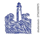 Blue lighthouse in stormy ocean: vector hand-drawn waves and tower. Indigo linocut illustration with turbulent sea, maritime engraving style and nautical storm scene isolated on white background
