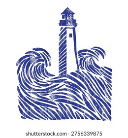 Blue lighthouse in stormy ocean: vector hand-drawn waves and tower. Indigo linocut illustration with turbulent sea, maritime engraving style and nautical storm scene isolated on white background