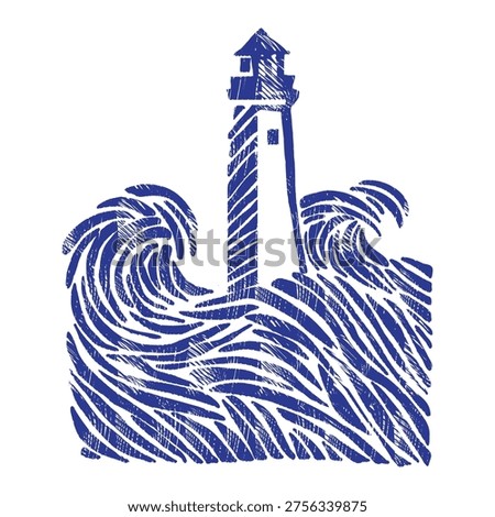 Blue lighthouse in stormy ocean: vector hand-drawn waves and tower. Indigo linocut illustration with turbulent sea, maritime engraving style and nautical storm scene isolated on white background