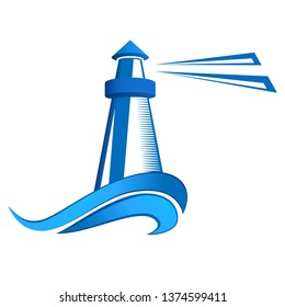 blue lighthouse with water waves - logo design