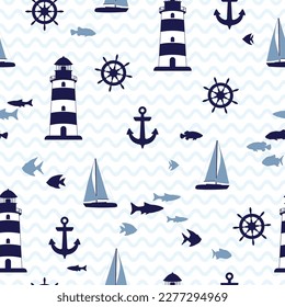 Blue lighthouse, yacht and fish vector illustration. Beacon on waves seamless pattern. Marine sailing on yacht, anchor and helm equipment. Coastal beacon. Lighthouse on sea waves. School of fish 