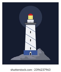 blue Lighthouses isolated illustration. Vector card of cartoon flat lighthouses. Lighthouse beacon and marine seaside architecture flat style. Floodlight towers