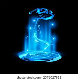 Blue lighting game effect, magic teleport portal, vector design item, isolated on black background. Colorful shiny and glossy object for ui design in cartoon style. Circle flash and light.