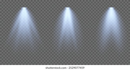 Iluminación azul con tres focos. Efectos de iluminación de la escena. Efecto de iluminación ligero.  Ilustración vectorial. Sobre un fondo transparente.