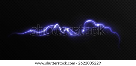 Blue lightning arc with glowing edges and electric current movement on transparent background. Vector light effect using glowing energy flow and science fiction visual style.