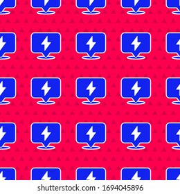Blue Lightning bolt icon isolated seamless pattern on red background. Flash icon. Charge flash icon. Thunder bolt. Lighting strike.  Vector Illustration