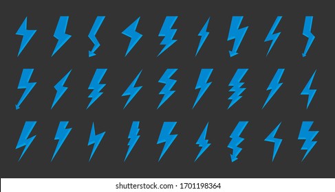 Blue lightning bolt icon set. Symbol logo storm or thunder and lightning strike. Electrical fast shiny shock flash sign. Emblem energy voltage and power fast speed Isolated on dark vector illustration
