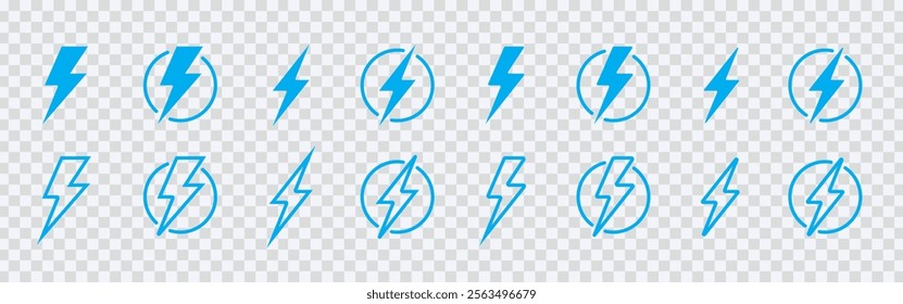 Blue Lightning Bolt Icon Set in Flat Vector Style