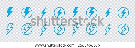 Blue Lightning Bolt Icon Set in Flat Vector Style