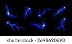Blue lightning bolts set isolated on black. Vector realistic illustration of magic energy flashes, thunderstorm strikes, neon curves glowing in dark with bright sparks, electric power discharge