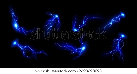 Blue lightning bolts set isolated on black. Vector realistic illustration of magic energy flashes, thunderstorm strikes, neon curves glowing in dark with bright sparks, electric power discharge