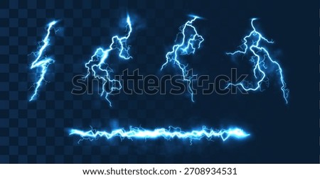 Blue lightning bolts set isolated on transparent bg. Vector realistic illustration of magic energy flashes, thunderstorm strikes, neon curves glow in dark with bright sparks, electric power discharge