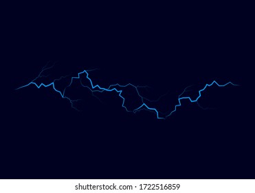 Blue lightning flash bolt. Bright light effects. Thunderbolt on dark background. Vector