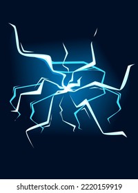 Efecto de impacto del relámpago azul diseño de dibujos animados ilustración vectorial sobre fondo azul oscuro