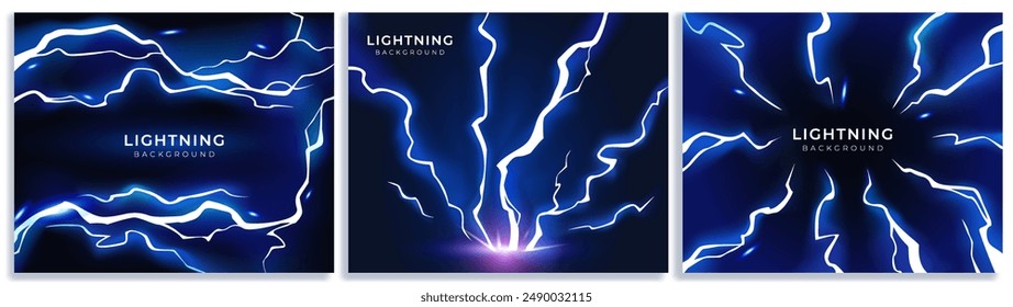 Blue lightning hit effect. Posters set with neon thunderbolt strike, powerful energy flashes and electrical discharges on dark backdrop. Realistic vector illustration collection isolated on background