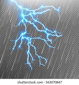 Blue Lightning and rain on transparent background. Nature thunder flash. EPS 10 vector file included