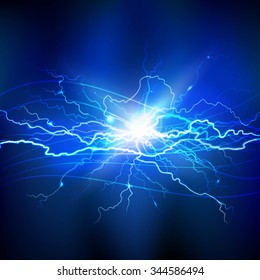 Blue lightning realistic background with a bright bunch of light vector illustration 