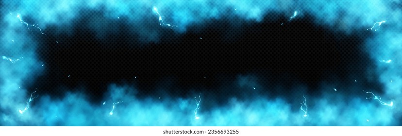 Blue lightning and smoke effect frame background. 3d abstract thunder glow cloud border design element. Isolated glowing thunderbolt impact overlay with fluffy texture. Transculent fog with sparkle