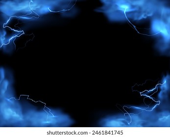 Blue lightning strikes and smoke effect frame background. Realistic storm clouds with magical energy flashes. Glowing thunderbolt with fog border design on black