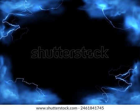 Blue lightning strikes and smoke effect frame background. Realistic storm clouds with magical energy flashes. Glowing thunderbolt with fog border design on black