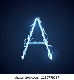 Blue lightning style letter or alphabet A. lightning and thunder bolt or electric font, glow and sparkle effect on blue background. vector design.