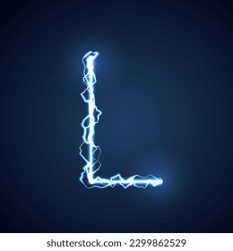 Blue lightning style letter or alphabet L. lightning and thunder bolt or electric font, glow and sparkle effect on blue background. vector design.