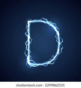 Blue lightning style letter or alphabet D. lightning and thunder bolt or electric font, glow and sparkle effect on blue background. vector design.