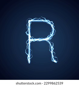 Blue lightning style letter or alphabet R. lightning and thunder bolt or electric font, glow and sparkle effect on blue background. vector design.