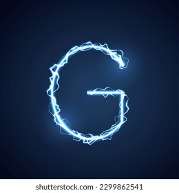 Blue lightning style letter or alphabet G. lightning and thunder bolt or electric font, glow and sparkle effect on blue background. vector design.