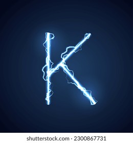 Blue lightning style letter or alphabet K. lightning and thunder bolt or electric font, glow and sparkle effect on blue background. vector design.