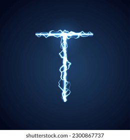 Blue lightning style letter or alphabet T. lightning and thunder bolt or electric font, glow and sparkle effect on blue background. vector design.